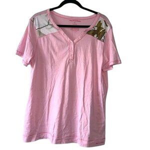 Realtree XL Pink Henley T-Shirt With Camouflage Panels Womens Casual Wear Cotton